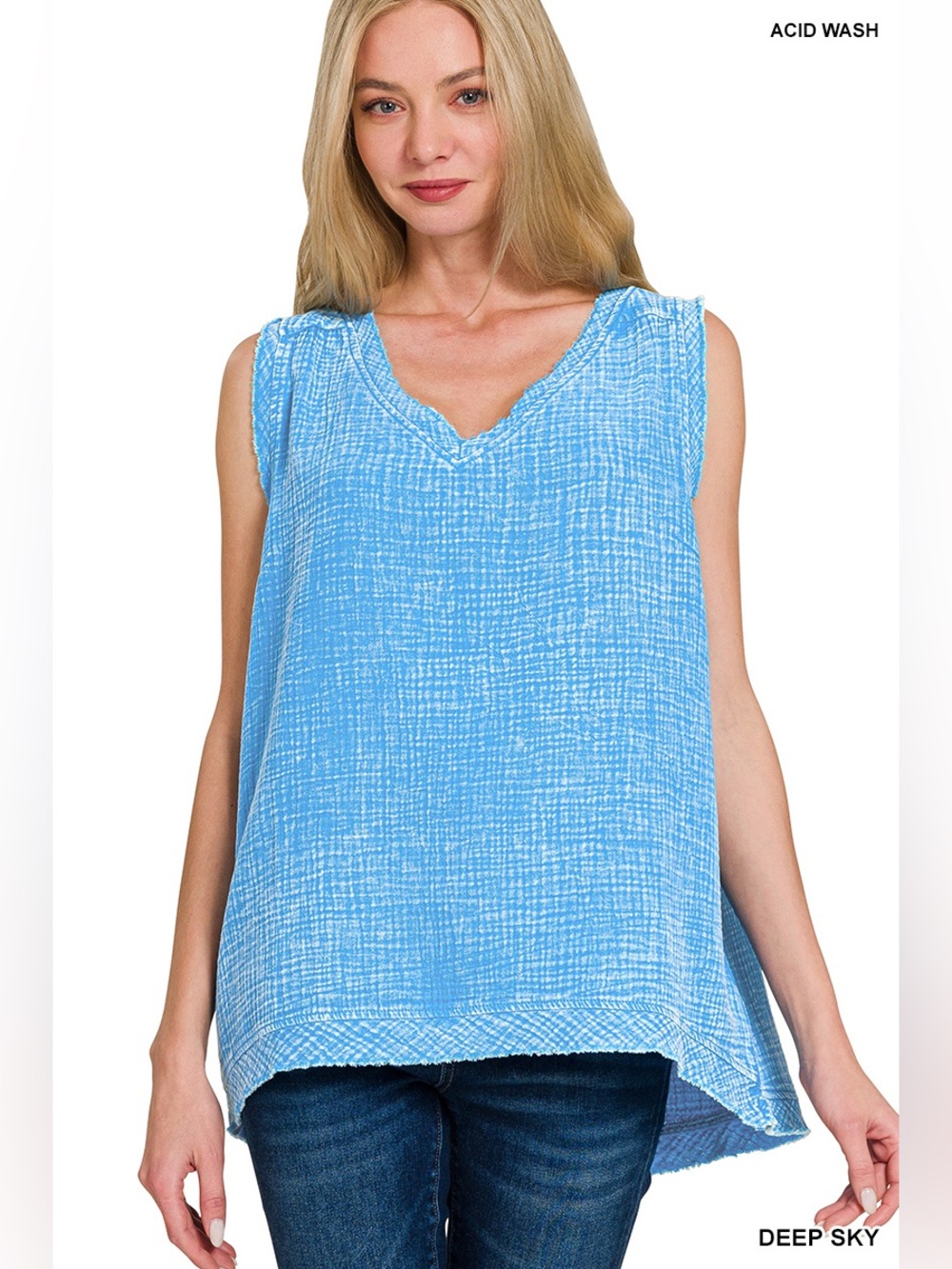 Zenana DOUBLE GAUZE RAW EDGE ACID WASHED TANK TOP